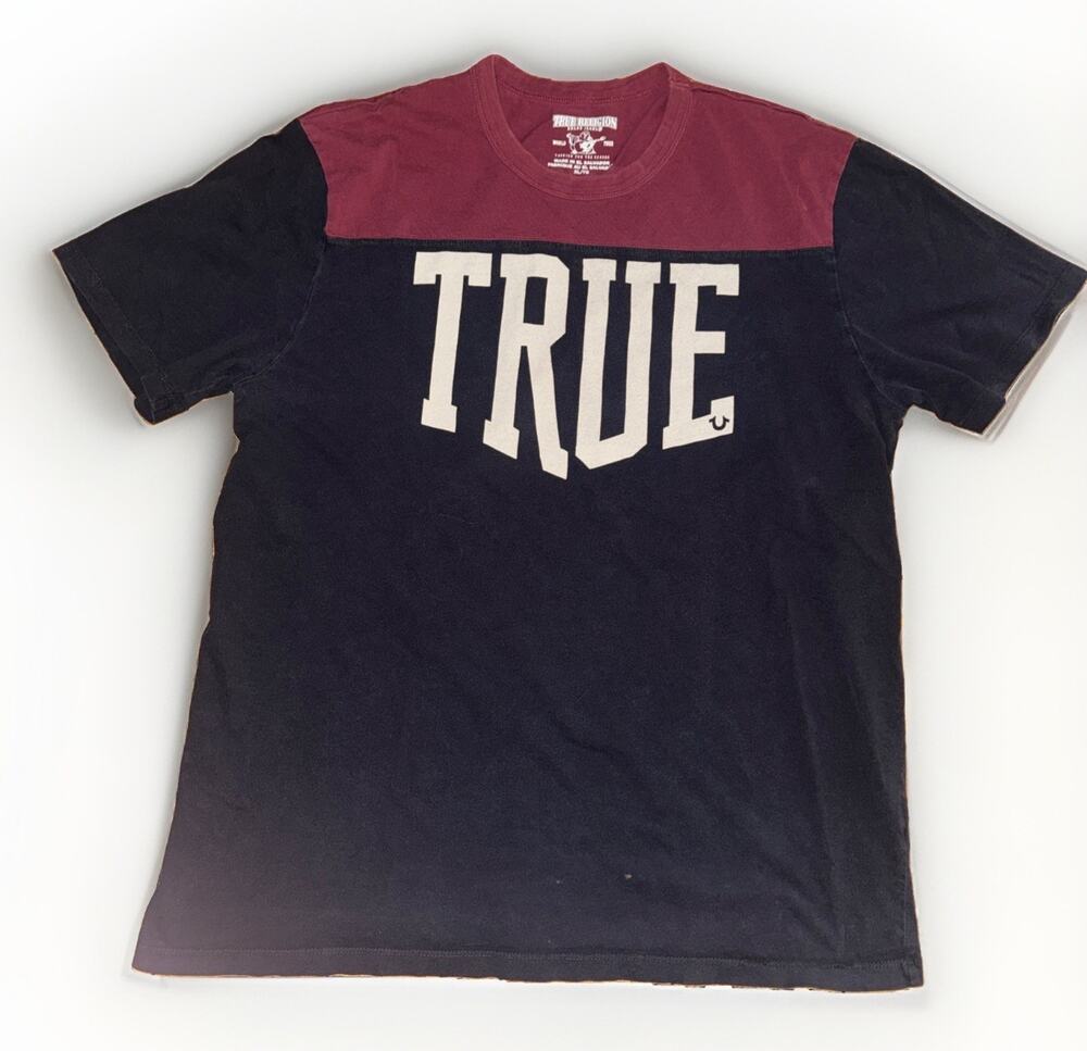 True Religion Football Jersey T-Shirt Burgundy Blue Men’s XL 22x27